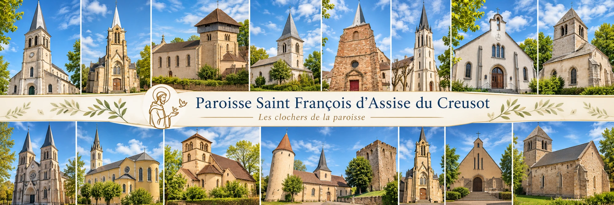Les clochers de la paroisse Saint-François d'Assise du Creusot, autour d'une illustration de saint François